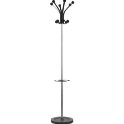 Portemanteau sur socle Hakea - fût chrome - 12 patères ABS noir - avec porte-parapluie
