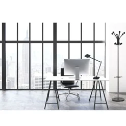 Portemanteau sur socle Hakea - fût chrome - 12 patères ABS noir - avec porte-parapluie