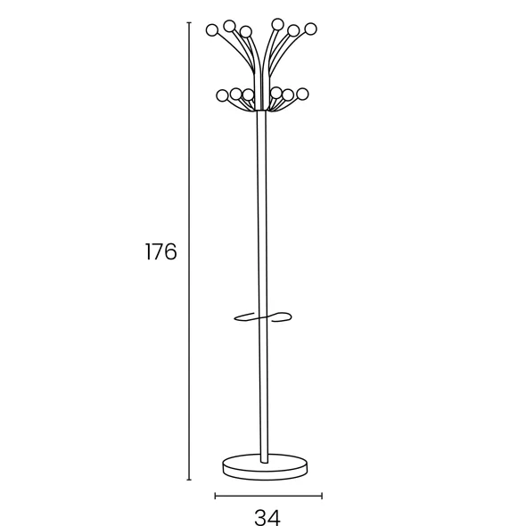 Portemanteau sur socle Hakea - fût chrome - 12 patères ABS noir - avec porte-parapluie