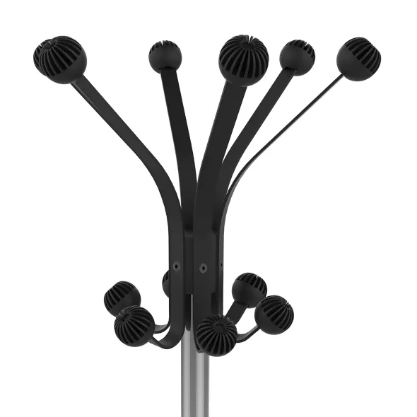 Portemanteau sur socle Hakea - fût chrome - 12 patères ABS noir - avec porte-parapluie