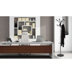 Portemanteau sur socle Hakea - fût chrome - 12 patères ABS noir - avec porte-parapluie