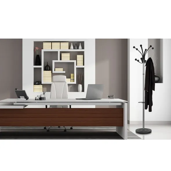 Portemanteau sur socle Hakea - fût chrome - 12 patères ABS noir - avec porte-parapluie