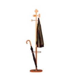 Portemanteau sur socle Sherwood - 6 patères bois - mât bois/acier - avec porte-parapluie