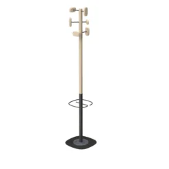 Portemanteau sur socle Sherwood - 6 patères bois - mât bois/acier - avec porte-parapluie