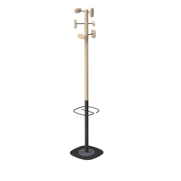 Portemanteau sur socle Sherwood - 6 patères bois - mât bois/acier - avec porte-parapluie