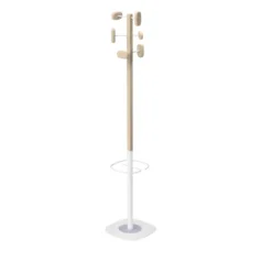 Portemanteau sur socle Sherwood - 6 patères bois - mât bois/acier - avec porte-parapluie