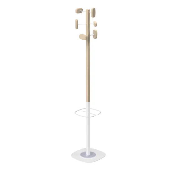 Portemanteau sur socle Sherwood - 6 patères bois - mât bois/acier - avec porte-parapluie