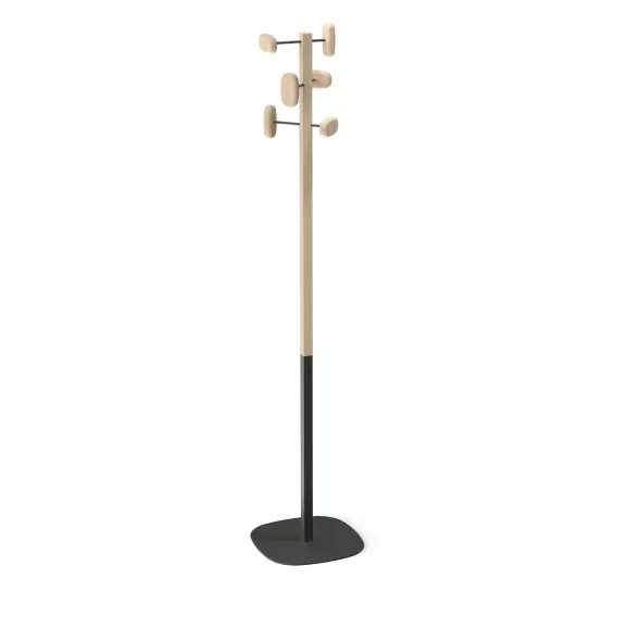 Portemanteau sur socle Sherwood - 6 patères bois - mât bois/acier