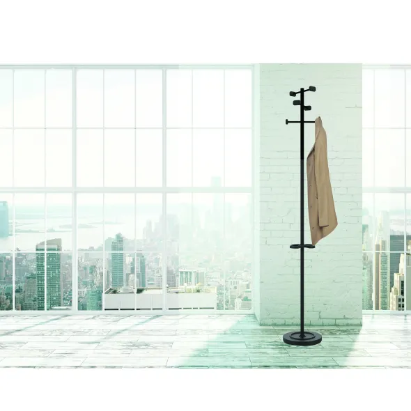 Portemanteau sur socle Welcome - fût noir - 6 patères ABS noir - avec porte-parapluie