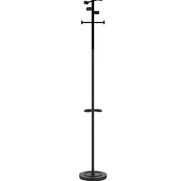 Portemanteau sur socle Welcome - fût noir - 6 patères ABS noir - avec porte-parapluie