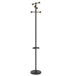 Portemanteau sur socle Welcome - fût noir - 6 patères bois - avec porte-parapluie