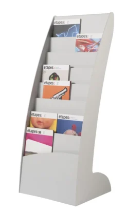 Présentoir fixe Courbo - polystyrène - 8 cases pour tout type de formats de documents - gris