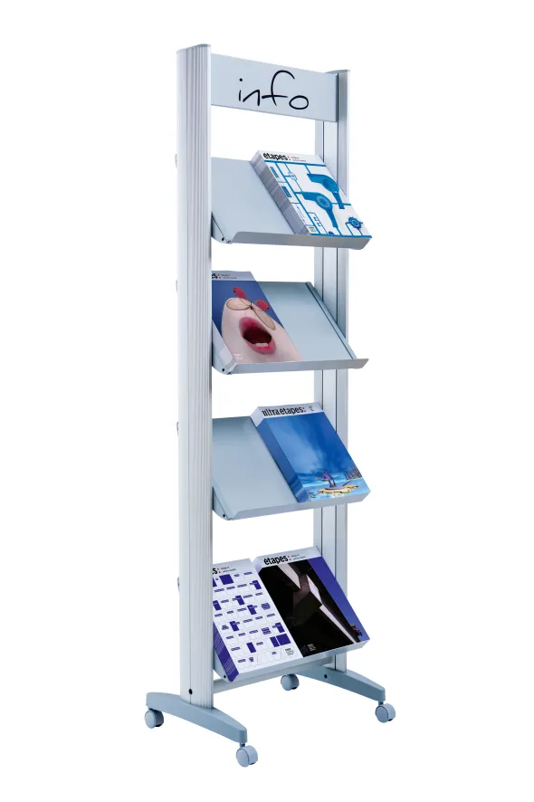Présentoir mobile avec bandeau d'affichage - 4 tablettes métal - simple face - 8 formats A4
