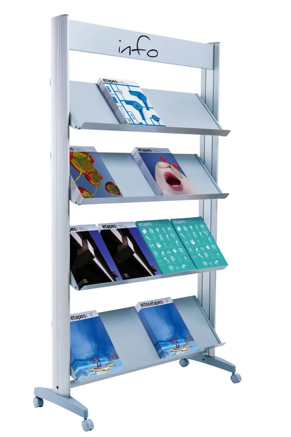 Présentoir mobile avec bandeau d'affichage - 4 tablettes métal - simple face - 16 formats A4