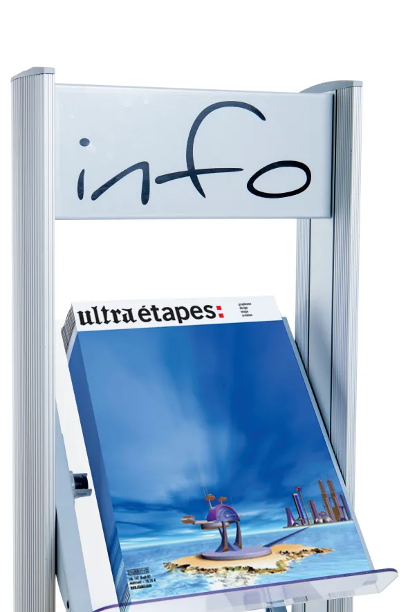 Présentoir mobile avec bandeau d'affichage - 4 tablettes métal - simple face - 16 formats A4