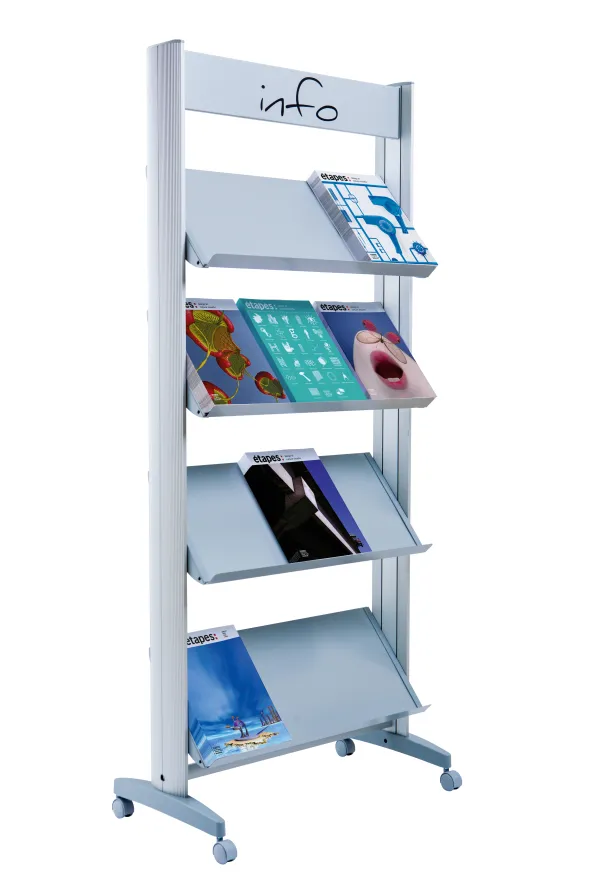 Présentoir mobile avec bandeau d'affichage - 4 tablettes métal - simple face - 12 formats A4