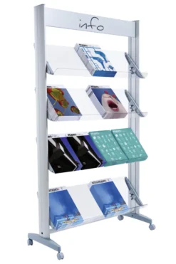 Présentoir mobile avec bandeau d'affichage - 4 tablettes Plexiglas - simple face - 16 formats A4