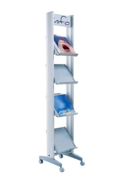 Présentoir mobile avec bandeau d'affichage - 4 tablettes métal - simple face - 4 formats A4