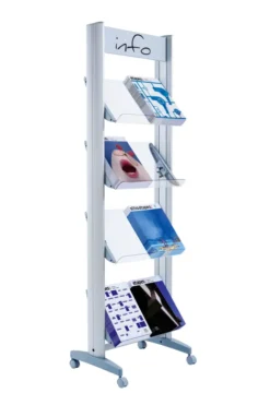 Présentoir mobile avec bandeau d'affichage - 4 tablettes Plexiglas - simple face - 8 formats A4