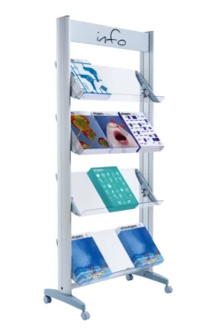 Présentoir mobile avec bandeau d'affichage - 4 tablettes Plexiglas - simple face - 12 formats A4