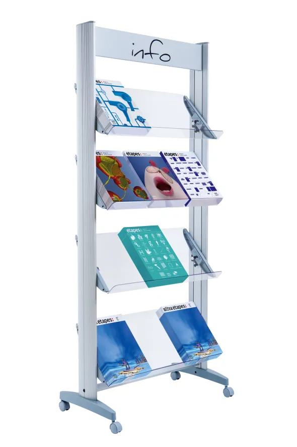 Présentoir mobile avec bandeau d'affichage - 4 tablettes Plexiglas - simple face - 12 formats A4