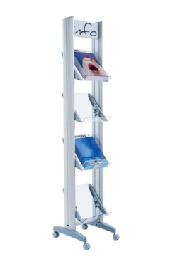 Présentoir mobile avec bandeau d'affichage - 4 tablettes Plexiglas - simple face - 4 formats A4