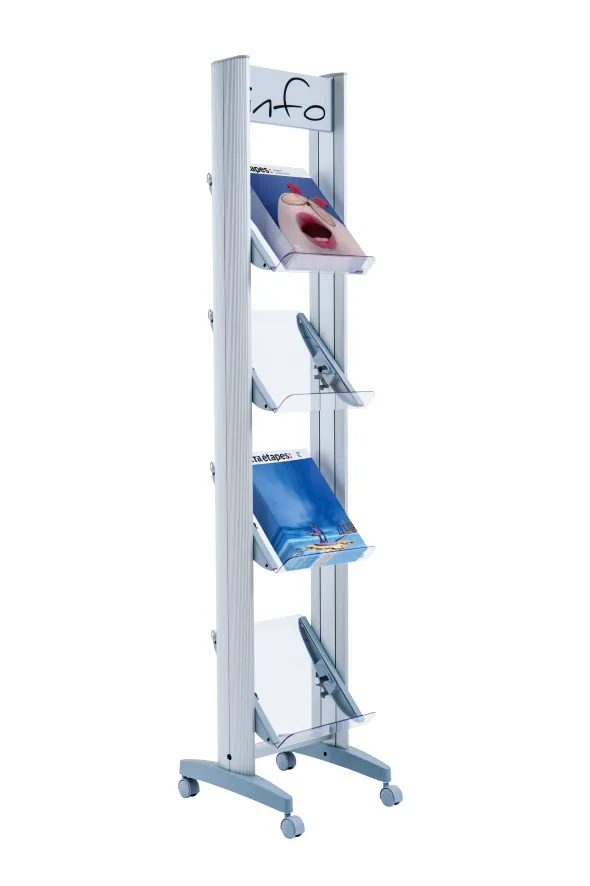 Présentoir mobile avec bandeau d'affichage - 4 tablettes Plexiglas - simple face - 4 formats A4