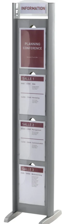 Présentoir signalétique sur pieds - aluminium - double face - 8 fenêtres polystyrène cristal A4