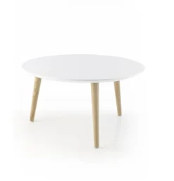 Table basse ronde Eneka - Ø 70 cm - plateau laqué blanc - pieds bois