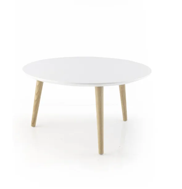 Table basse ronde Eneka - Ø 70 cm - plateau laqué blanc - pieds bois