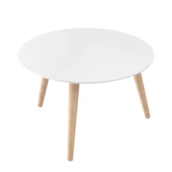 Table basse ronde Eneka - Ø 70 cm - plateau laqué blanc - pieds bois
