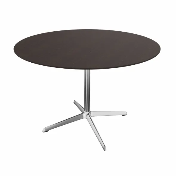Table Break bois - Ø 110 cm - plateau placage bois - piétement central aluminium poli et chromé