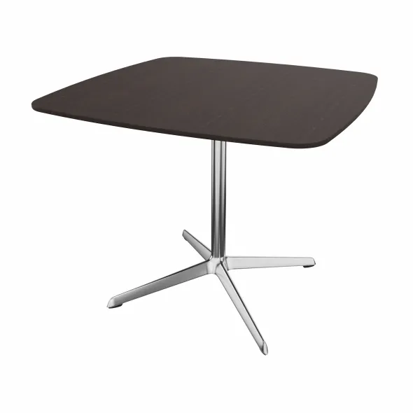 Table Break bois - 90 x 90 cm - plateau placage bois - piétement central aluminium poli et chromé