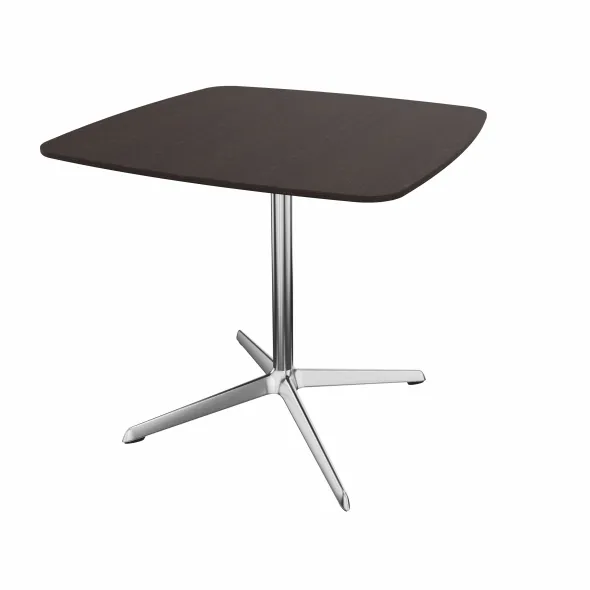 Table Break bois - 80 x 80 cm - plateau placage bois - piétement central aluminium poli et chromé
