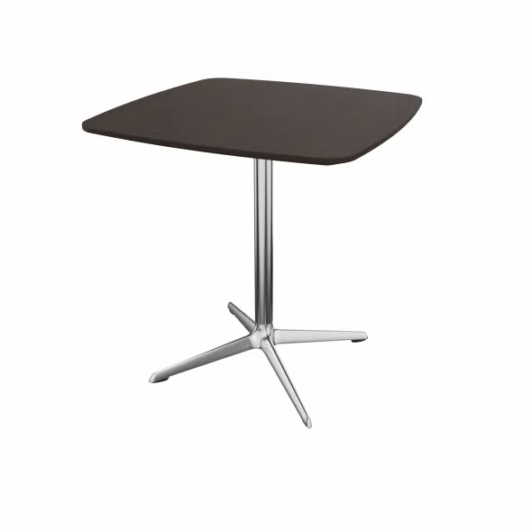 Table Break bois - 70 x 70 cm - plateau placage bois - piétement central aluminium poli et chromé