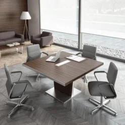Table de réunion placage bois carrée 4 places Quadri Prestige - l. 141 x pr. 140 cm - avec top access