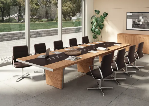 Table de réunion placage bois rectangulaire 12/14 places Quadri Prestige l. 421 x pr. 140 cm - top access insert cuir