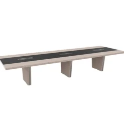 Table de réunion placage bois rectangulaire 12/14 places Quadri Prestige l. 421 x pr. 140 cm - top access insert cuir