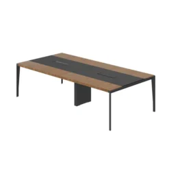 Table de réunion 8/10 places X-Time Wood - l.281 x pr.141 cm piétement métal - plateau placage bois insert cuir intégré