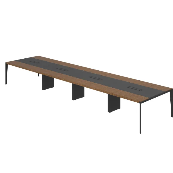 Table de réunion 16/18 places X-Time Wood - l. 561 x pr. 141 cm piét. métal - plateau placage bois insert cuir intégré