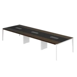 Table de réunion 12/14 places X-Time Wood - l.421 x pr.141cm piétement métal - plateau placage bois insert cuir intégré