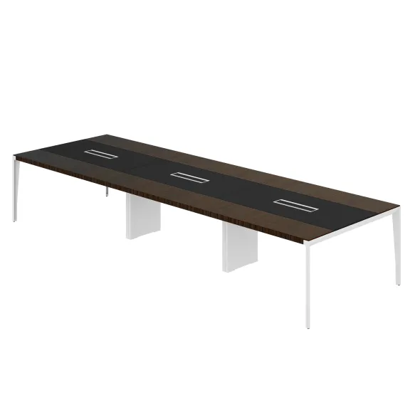 Table de réunion 12/14 places X-Time Wood - l.421 x pr.141cm piétement métal - plateau placage bois insert cuir intégré