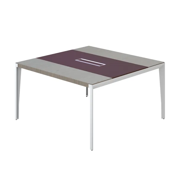 Table de réunion 4 places X-Time Wood - l. 141 x pr. 141 cm piétement métal - plateau placage bois insert cuir intégré