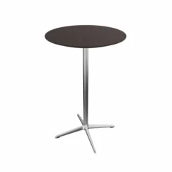 Table haute Break bois - Ø 70 cm - plateau placage bois - piétement central aluminium poli et chromé