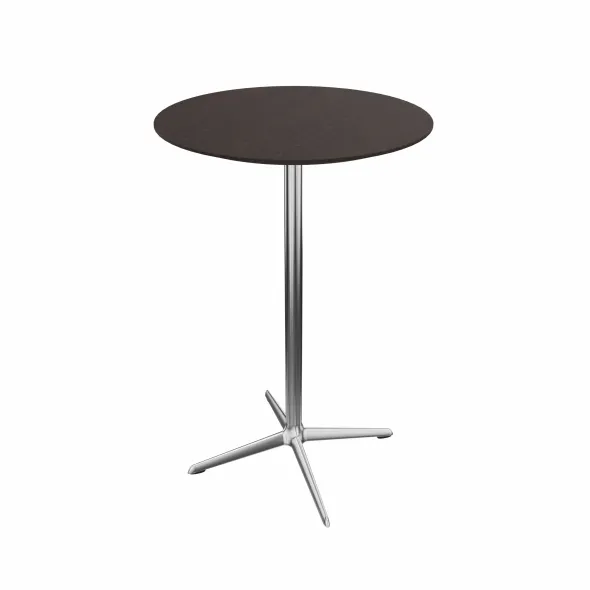 Table haute Break bois - Ø 70 cm - plateau placage bois - piétement central aluminium poli et chromé