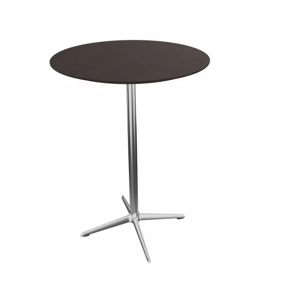Table haute Break bois - Ø 80 cm - plateau placage bois - piétement central aluminium poli et chromé