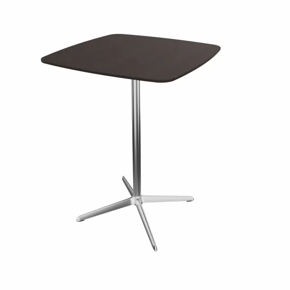 Table haute Break bois - 80 x 80 cm - plateau placage bois - piétement central aluminium poli et chromé
