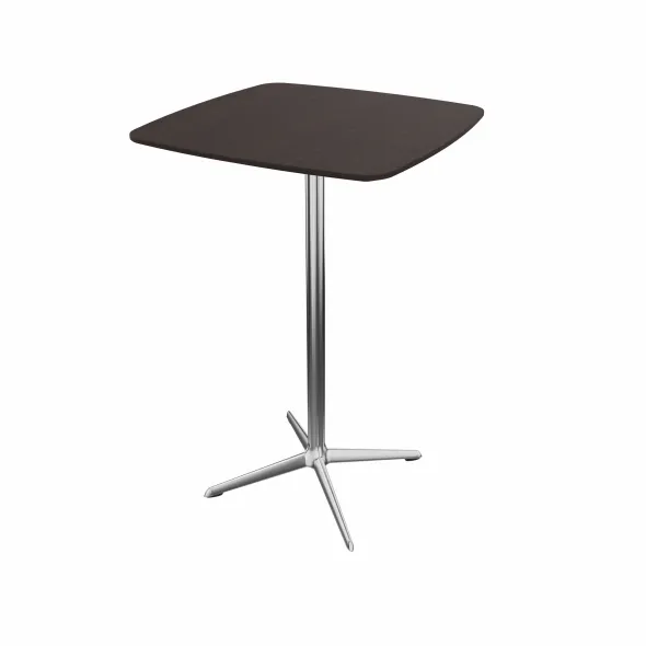 Table haute Break bois - 70 x 70 cm - plateau placage bois - piétement central aluminium poli et chromé