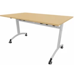 Table mobile rabattable rectangulaire FT12 - 140 x 80 cm - piétement gris alu - plateau mélaminé hêtre naturel