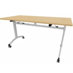 Table mobile rabattable rectangulaire FT12 - 140 x 70 cm - piétement gris alu - plateau mélaminé hêtre naturel